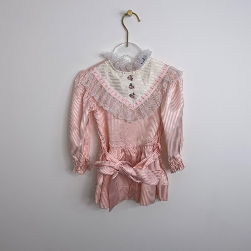 Vintage Toddler Girls 3T Haddad Brothers White Pink Striped Lace Ruffle Dress - 第 1/9 張圖片