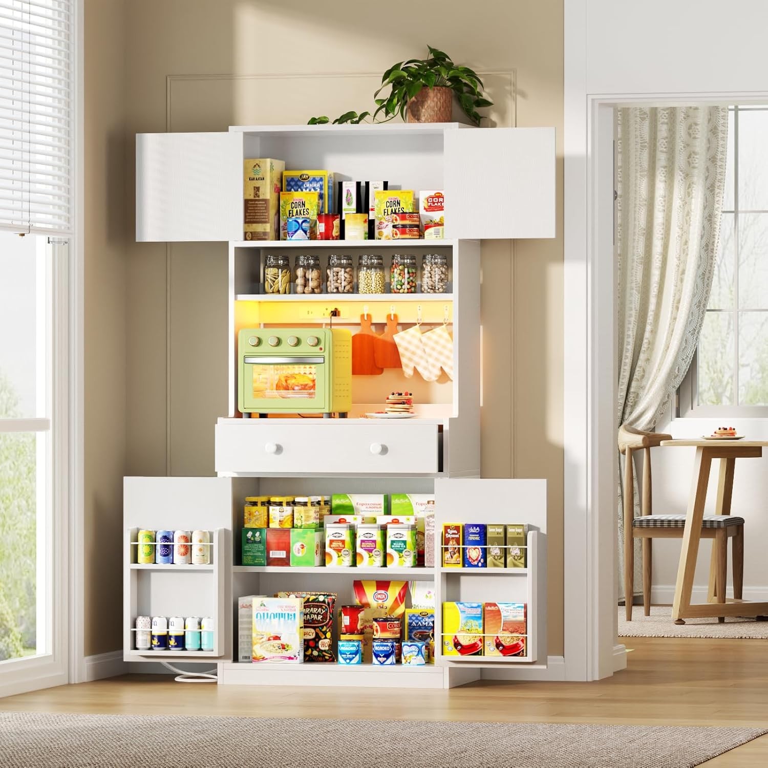 71-Inch Tall Kitchen Pantry Cabinet with LED Light and Power Outlet for Organized Storage