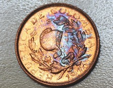1970 Colombia 1 Centavo Repunched 9