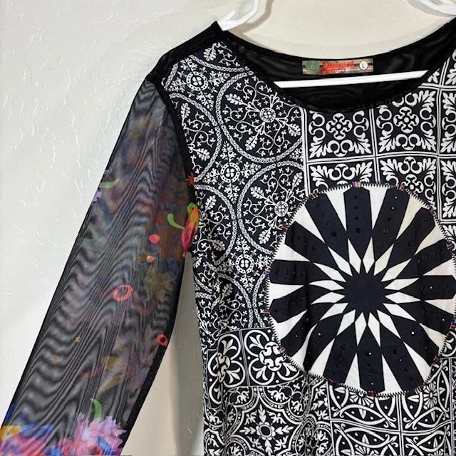 Desigual Shirt Womens Large Black White Geometric Floral Mesh Sheer Long Sleeve - Image 2 of 4