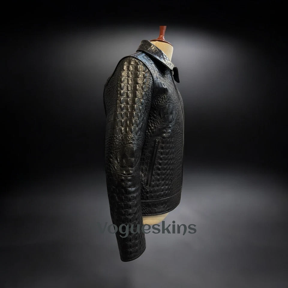 Men's Black Leather Jacket Crocodile Embossed Pattern Alligator Leather Jacket - Image 4 of 4