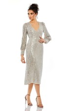 Mac Duggal Nude Silver Long Sleeve Sequin Beaded Midi Dress Size 12 $598