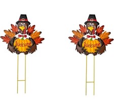 Fall Harvest Thanksgiving Metal Pumpkin Welcome Sign with Turkey 28.5  Set of 2