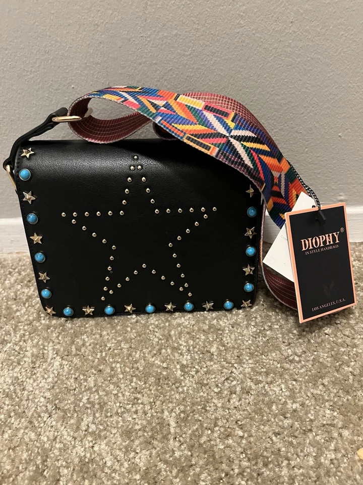 NEW Diophy Women's Vegan Leather Black Handbag w/ Aztec Guitar Strap - Image 2 of 4