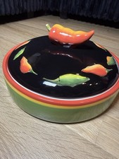 Clay Art Fiesta Yellow Green Red Peppers Black Lidded Covered Tortilla Warmer