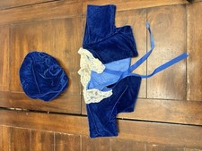 Vintage Blue Velvet Bonnet  Dress Costume Set w/ Lace Trim For Stuffed Animal