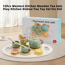   15Pcs Western Kitchen Wooden Tea Sets Play Kitchen Dishes/Tea Toy Set For Kid