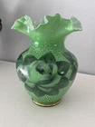 Vintage Fenton Satin Green And Gold Hand-Painted Rose Vase Ruffled Rim c1950's