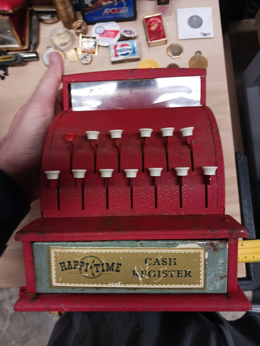 как выглядит Vintage Happi Time Red Cash Register Works Metal Toy USA 1950s Toy фото