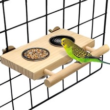 Bird Food Stainless Steel Cups Wooden Perch Stand Hanging Feeder Bowls Feedin...