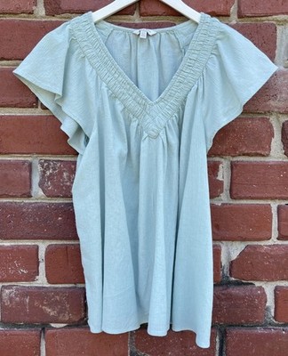 Lucky Brand Womens Sz Large Flutter Sleeve Blouse 100% Cotton Gauzy Mint Green