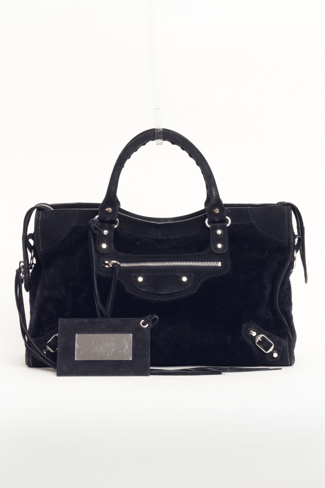 BALENCIAGA LE CITY MOTO BAG MEDIUM IN NAVY SUEDE + SHEARLING W/ STRAP + MIRROR
