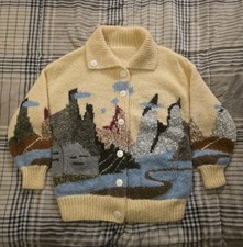 Vtg 70s Hand Knit Fuzzy Acrylic Cardigan Sweater Mountain Landscape Womens Large