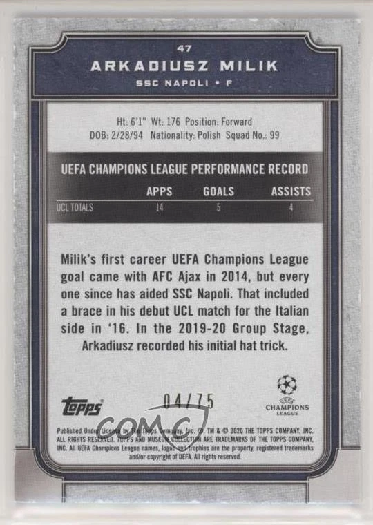 2019-20 Topps Museum Collection UCL Sapphire /75 Arkadiusz Milik #47 - Image 2 of 2