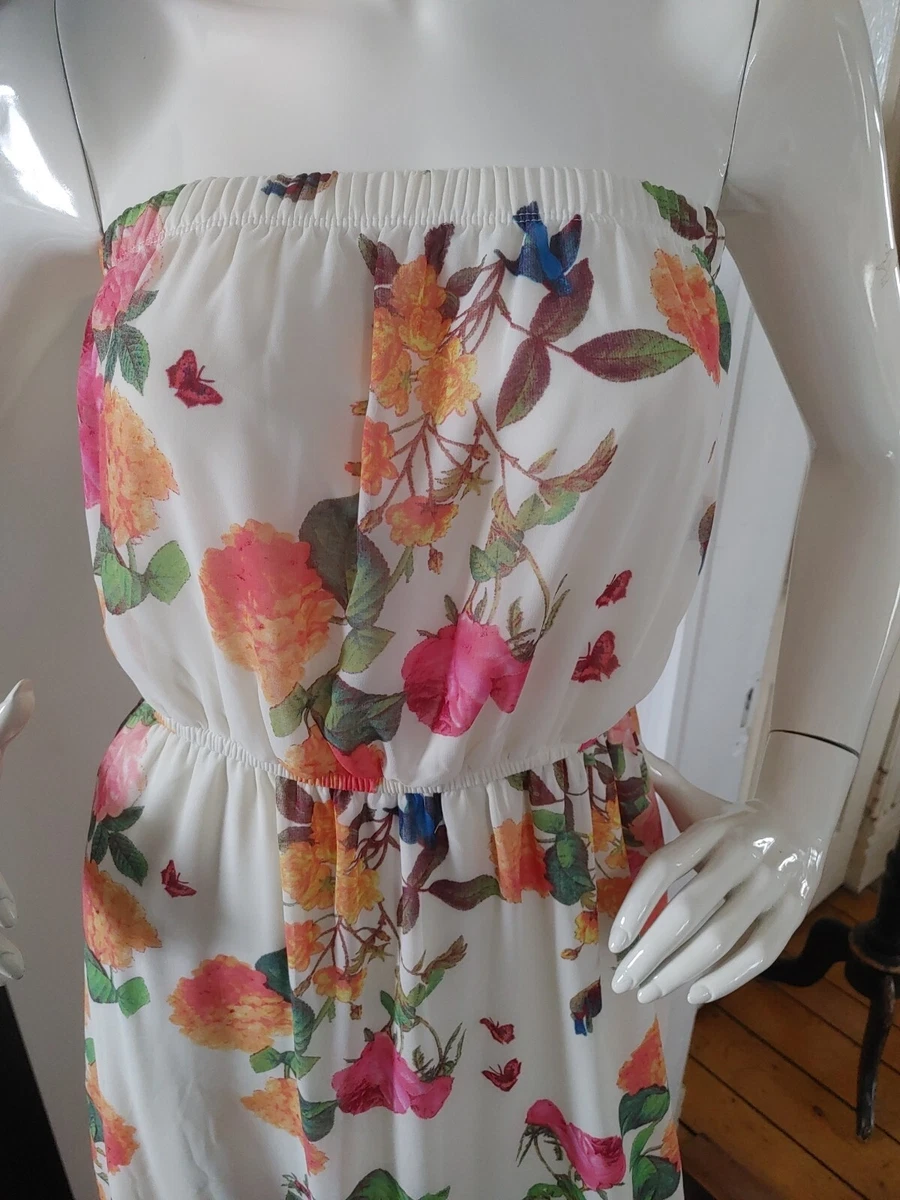 FOREVER 21 Strapless casual dress maxi ivory print Flowers Roses