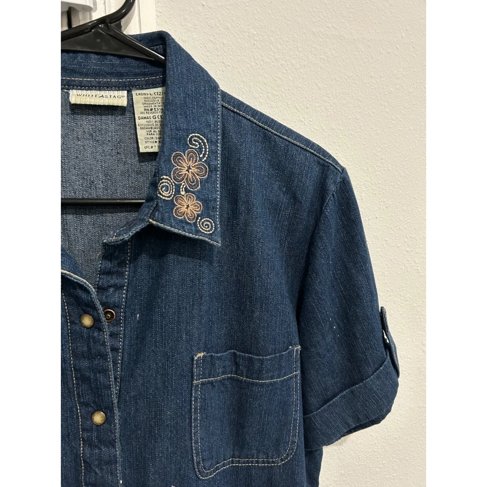 Vintage White Stag Denim Button-Down Dress Floral Embroidered Collar Size Large - Image 4 of 4