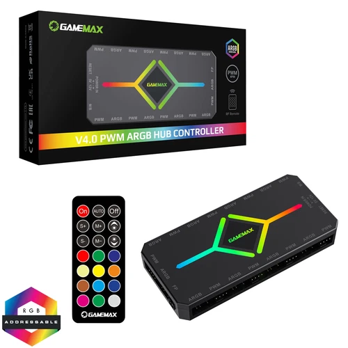 GameMax ARGB PWM V4.0 Black Controller 9 Port 8 x Fans Hub SATA Power RF Remote
