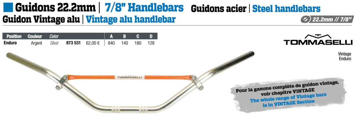 Guidon Moto Vintage Tommaselli 22 Mm - Aluminium, Style Enduro, Dimensions 815x116x181x133 Mm, Italie