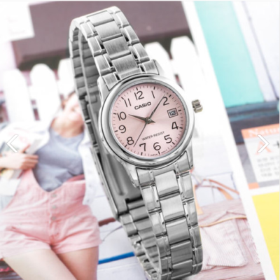 Casio Women's Watch Metal Band Silver Pink Original New LTP-V002D