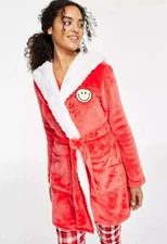 Jenni Women's Faux-Sherpa Lined Hooded Short Robe, Papaya Punch, Large to XL/XXL