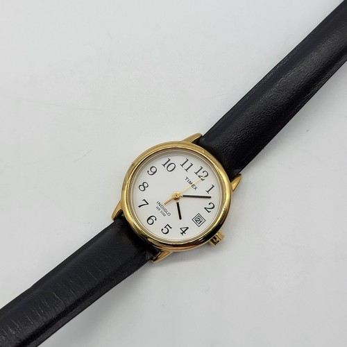 Timex Indiglo Damenuhr 25mm goldfarben schwarzes Lederband neue Batterie * - Bild 3 von 15