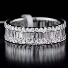 14K White Gold Over Baguette & Round Cut Diamond Wedding Eternity Band Ring
