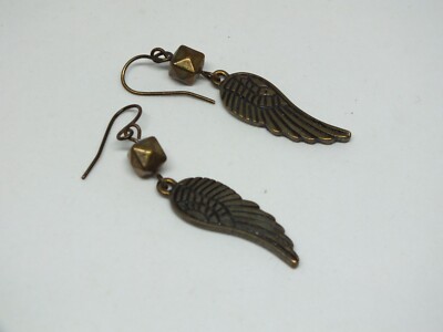Beautiful French Wire Pierced Earrings Brass Tone Textured Wings 1 1/2'' Long