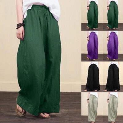 Plus Size Womens Cotton Linen Elastic Waist Wide Leg Pants Ladies Harem Trousers