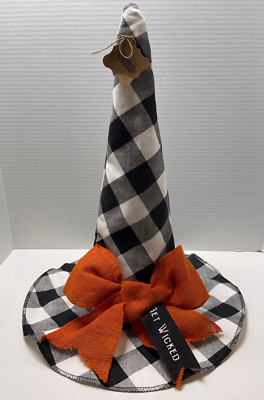 MUD PIE Canvas Checkered w/ Orange Bow Witch Hat Sitter 18.5'' Tall-NWT