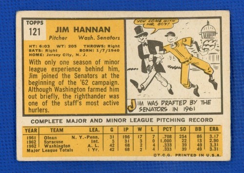 1963 Topps # 121 Jim Hannan RC Rookie Washington Senators - Picture 2 of 2