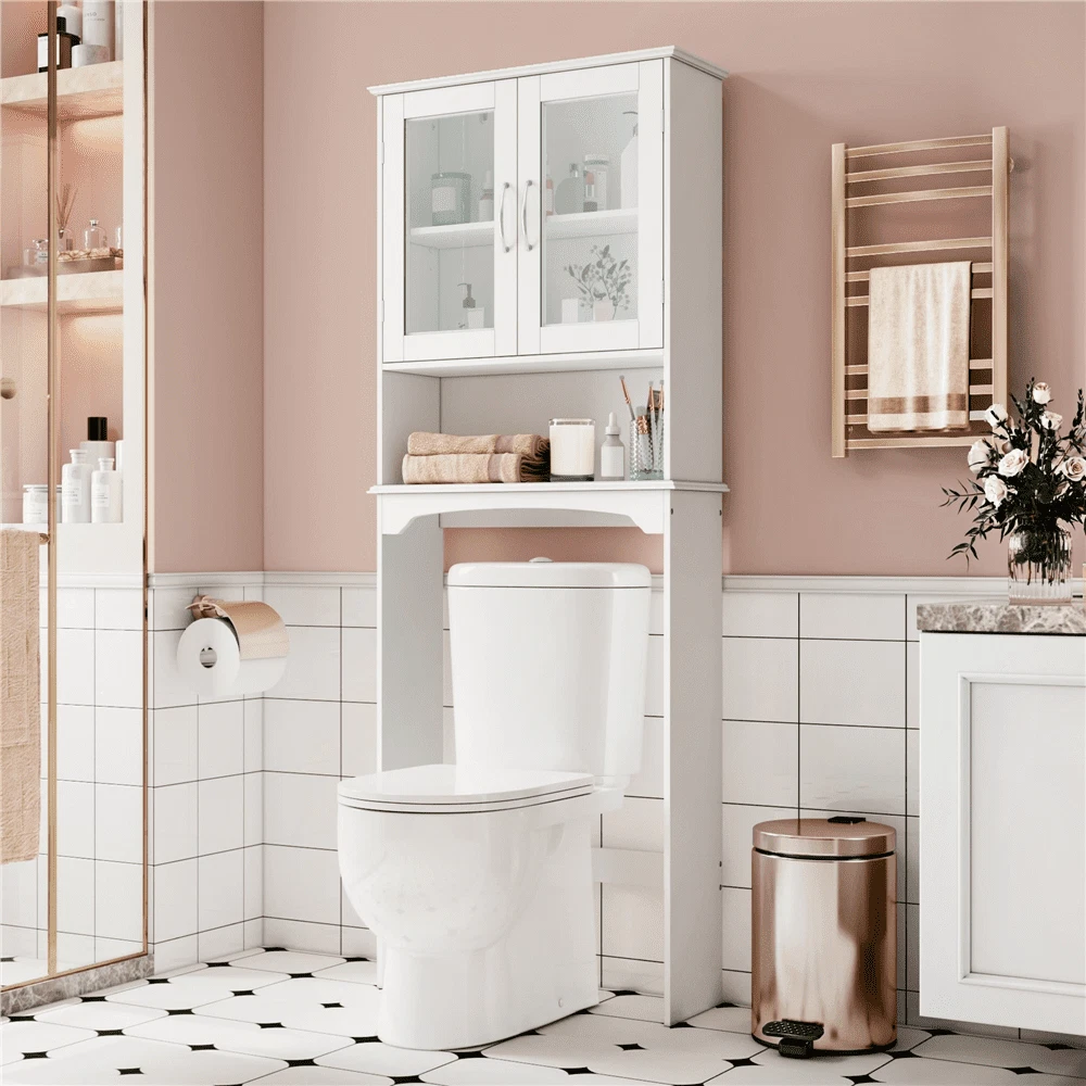 Bathroom storage white over the toilet space saver 3 shelves cabinet doors wood deals