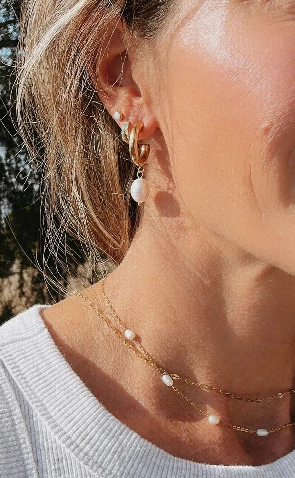 Dangle Pearl Earrings Huggie Earrings Waterproof Chunky Pearl Hoop Huggies CUTE - Image 3 of 4