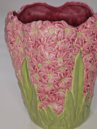 Ceramic Vase Pink Flowers Green Leaves - signed studio pottery - Picture 3 of 4