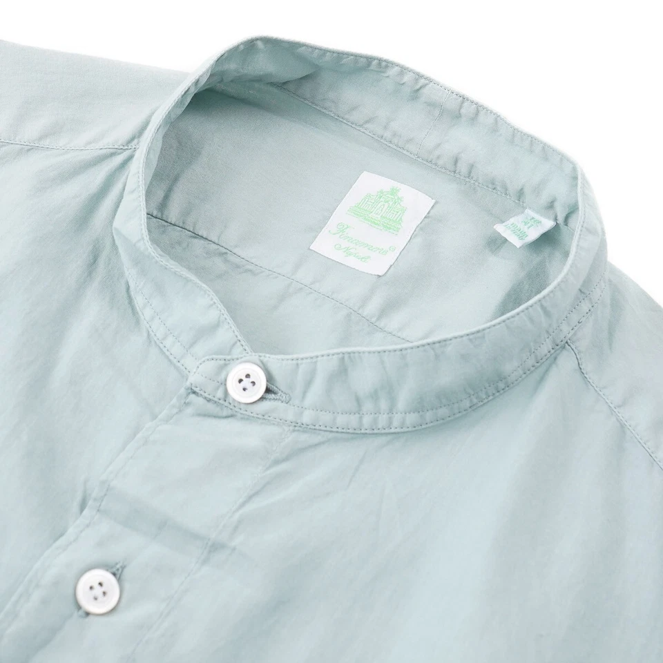 Camisa Finamore Napoli S/S 25 Verde Algodón Ligero con Cuello Banda 16 Nueva con Etiquetas Foto 3 de 4