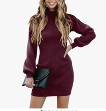 Anrabess Womens Ribbed Knit Sweater Dress Long Sleeve Bodycon Burgundy Size L