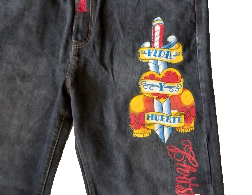 Christian Audigier Embroidered Baggy Hip Hop Jeans Vida Y Muerte