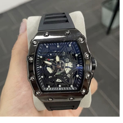 Men's Barrel-Shaped Sport Wristwatch Black Skeleton Dial Rubber Strap Analog