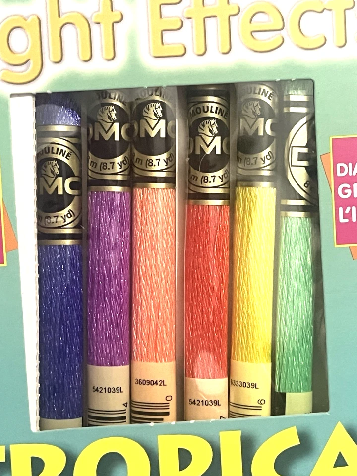 DMC LIGHT EFFECTS TROPICAL GLOW FLOSS- (6) SIX STRAND SKEINS 8.7 YARDS + DESIGNS - Image 2 of 3