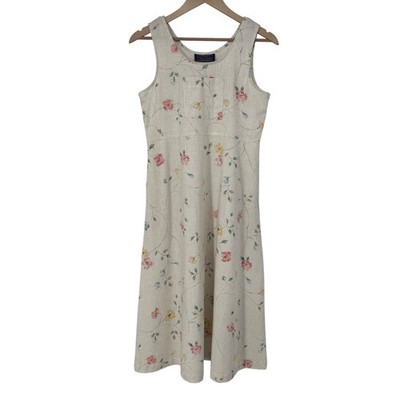 Vintage Willow Ridge Floral Linen Blend Pinafore Midi Dress M Cottage Made USA