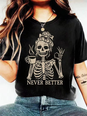Coffee Skull Girl Lettered Round-Neck Short-Sleeved Fashionable Women's T-Shirt