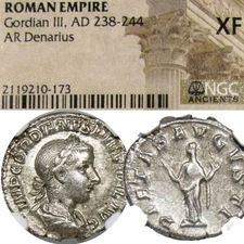 GORDIAN III / Pietas. NGC XF. RARE in RIC Roman Empire Silver Denarius Coin