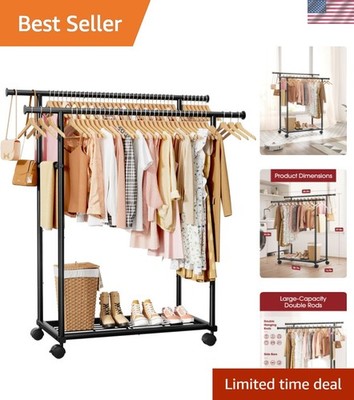 Metal Clothes Rack - Double Rod Clothing Rack with Fixed Design and Rolling W...