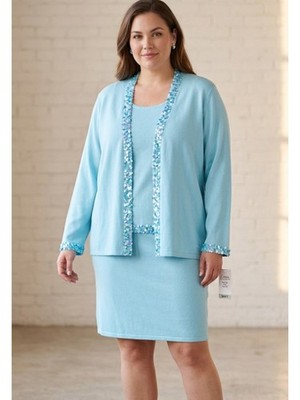 Nwt Linea 3 Pc Knit Cardigan,  Cami, Skirt  Set Sequin Trim  Plus Size