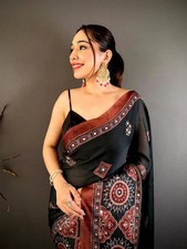 Women BlackGeorgette Ajrakh Print Mirror Work Saree with Unstitched Blouse Piece