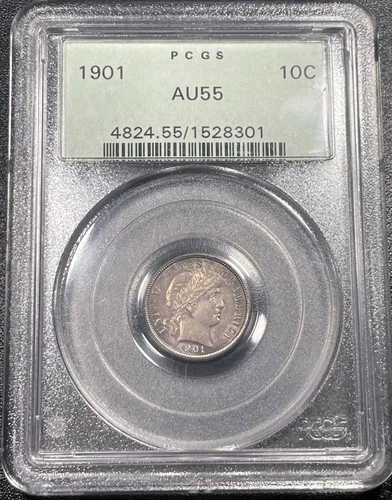 1901-P Silver Barber Dime 10c PCGS AU55 OGH Old Green Holder Obverse Toning