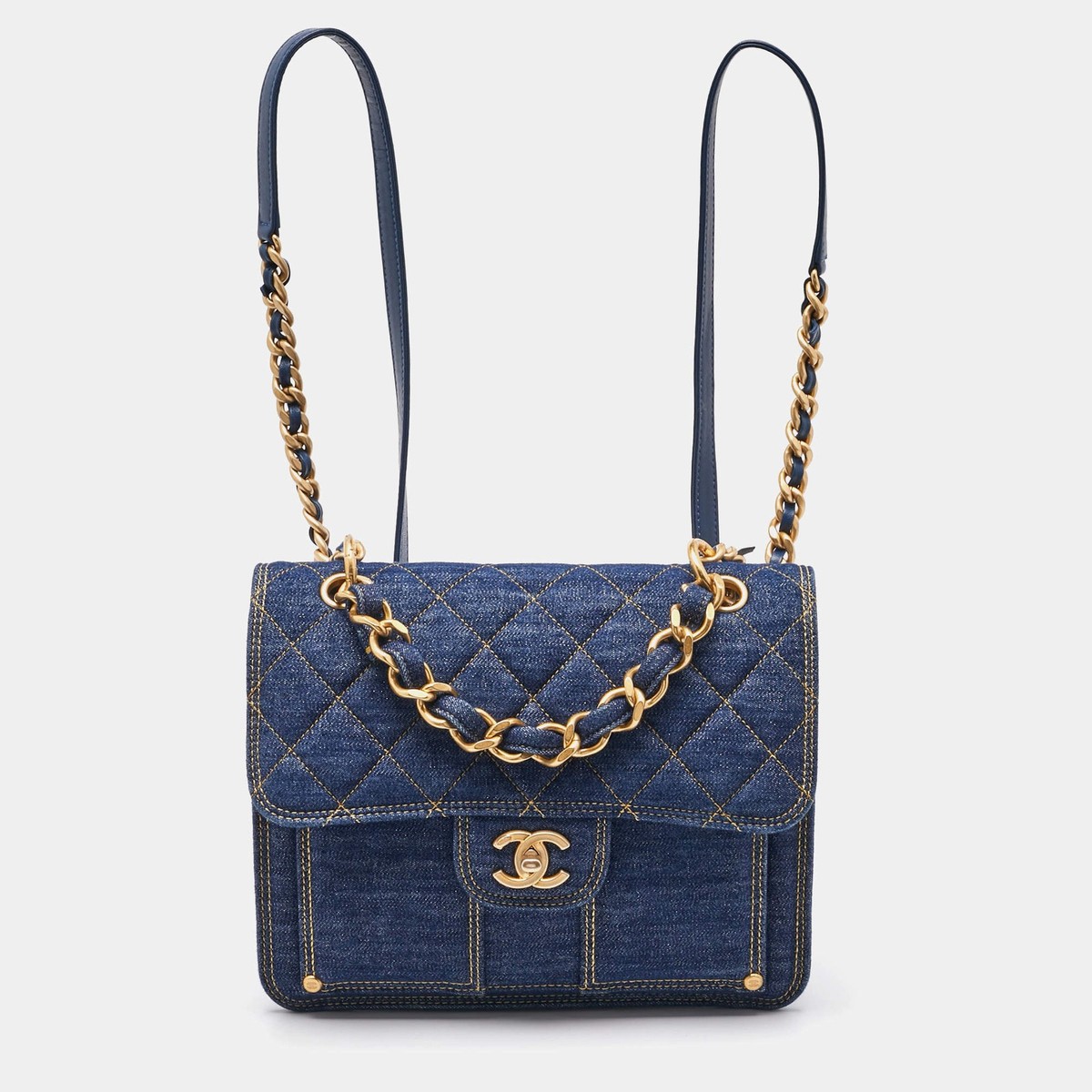 Chanel Blue Quilted Denim CC Flap Double You Backpack | eBay