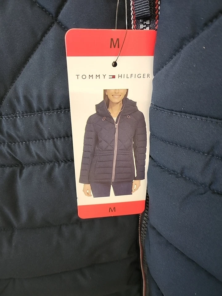 Tommy Hilfiger 中号女式连帽 Puffer 新标签蓝色派克大衣 — 第 3/4 张图片