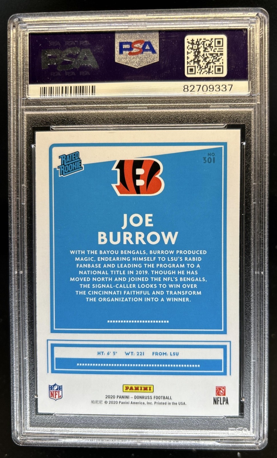 2020 Panini Donruss Joe Burrow Rookie RC #301 Bengals PSA 10 GEM MINT view 2