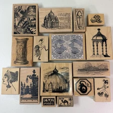 16 Vintage Travel World Mounted Wood Rubber Stamp Lot Uptown Era Graphics
