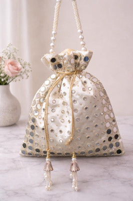 Ivory Satin Potli Bag for Women Handmade Ethnic Drawstring Purse Gift Wristlet